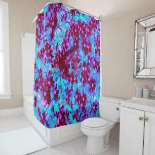 Crimson Red and Pink Wildflowers on Blue Shower Curtain