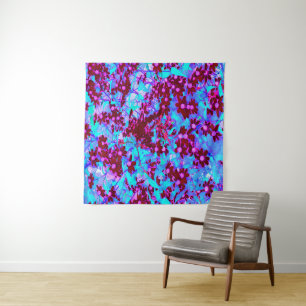 Crimson Red and Pink Wildflowers on Blue Tapestry