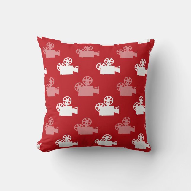 Crimson Red and White Movie Camera Cushion (Front)