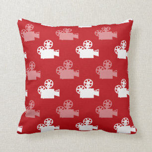 Crimson Red and White Movie Camera Cushion