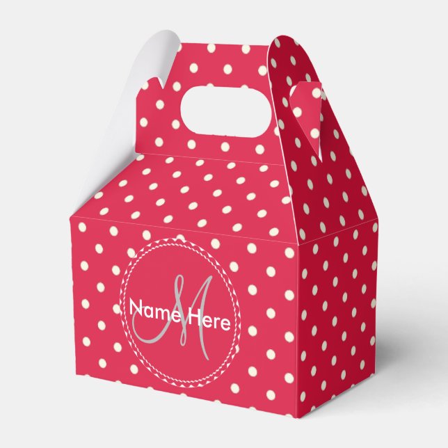 Crimson Red And White Polka Dots. Custom Name Favour Box (Front Side)