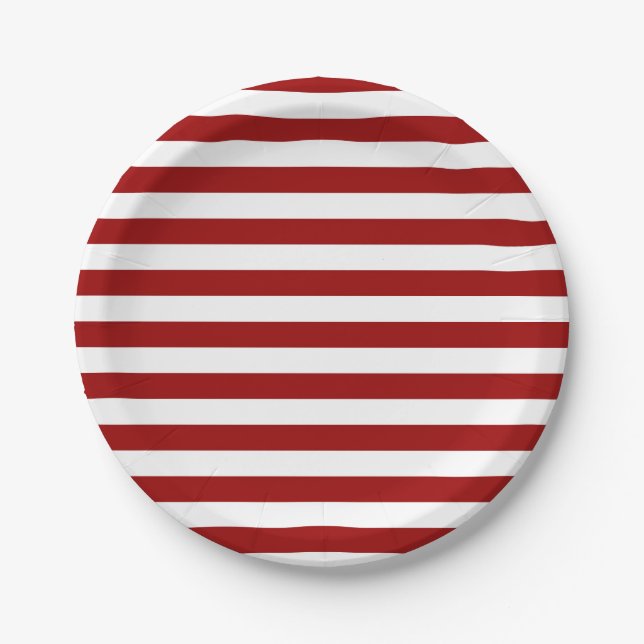 Crimson Red and White Stripes Paper Plate (Front)