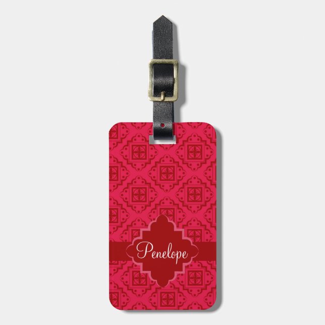 Crimson Red Arabesque Moroccan Graphic Luggage Tag (Front Vertical)