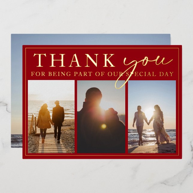 Crimson Red Black Photo Wedding Thank You Gold  (Front/Back)