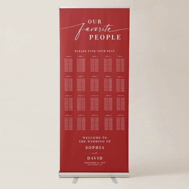 Crimson Red Calligraphy Wedding Seating Chart Retractable Banner (Front)