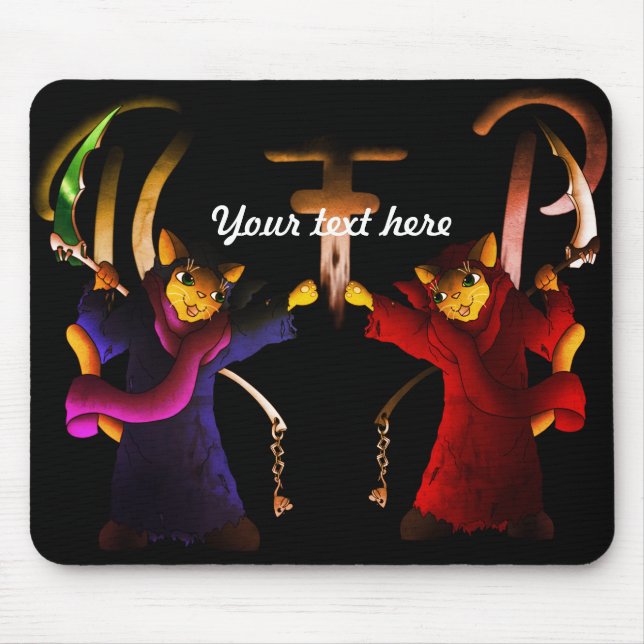 Crimson Red Cat and Navy Blue Grim Reaper Cat Mouse Mat (Front)