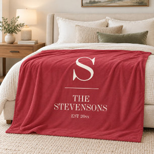 Crimson Red Classic Family Monogram Christmas Gift Fleece Blanket