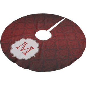 Crimson Red Damask Lac Monogram Initial Tree Skirt