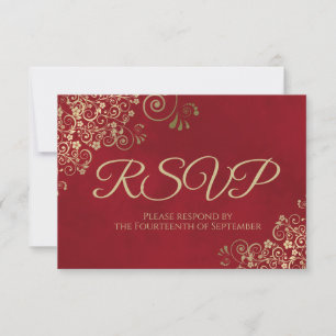 Crimson Red & Elegant Gold Lace Frilly Wedding RSVP Card