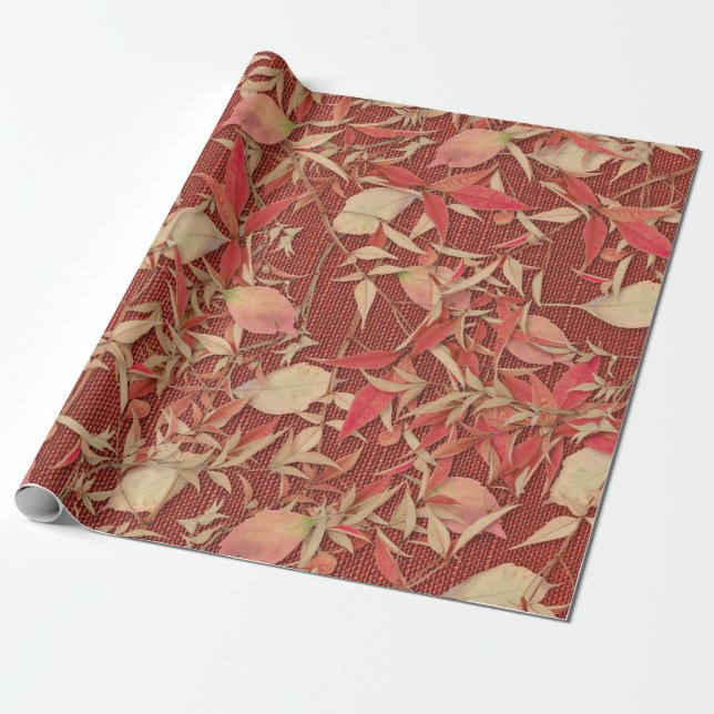 Crimson Red Fall Leaves Burlap Wrapping Paper (Unrolled)