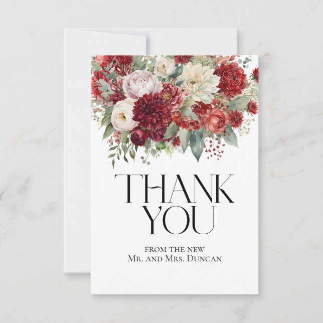Crimson Red Floral Dahlia Wedding Simple Photo Thank You Card (Front)
