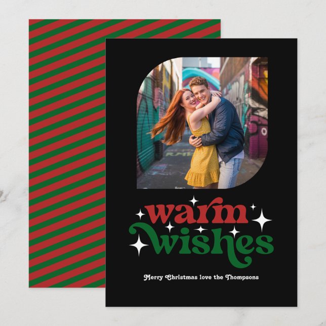 Crimson Red & Forest Green Retro Christmas Photo Holiday Card (Front/Back)