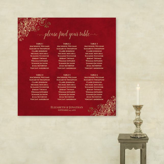 Crimson Red & Gold 6 Table Wedding Seating Chart (In Situ on Wall)