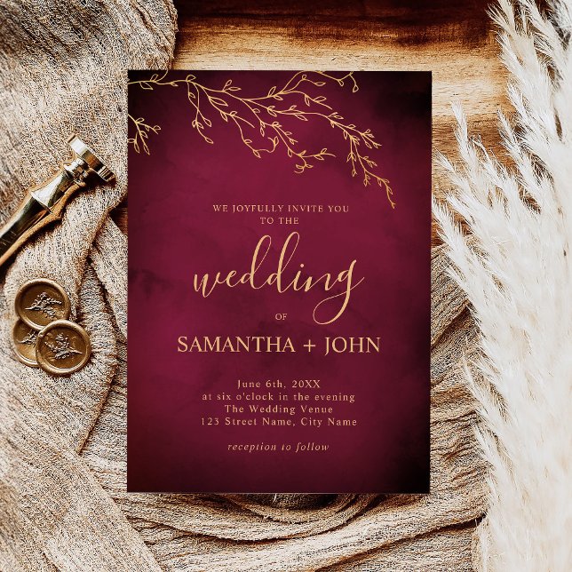 Crimson Red & Gold Botanical Elegant Wedding Invitation (Creator Uploaded)