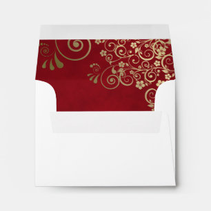 Crimson Red & Gold Curls Inside White Wedding RSVP Envelope