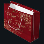 Crimson Red & Gold Frilly Maid of Honour Wedding Large Gift Bag<br><div class="desc">This beautiful gift bag is designed as a wedding gift or favour bag for the Maid of Honour. It features a marbled crimson red background with frilly golden faux foil curls and swirls in the corners. The gold script lettering reads "Maid of Honour" with a place to enter her name,...</div>