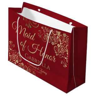 Crimson Red & Gold Frilly Maid of Honour Wedding Large Gift Bag