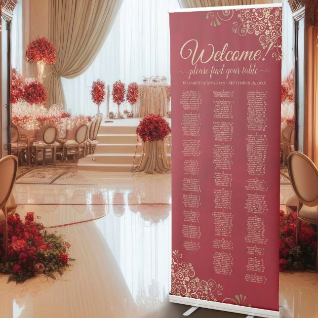 Crimson Red & Gold Glam Alphabetical Seating Chart Retractable Banner (Creator Uploaded)