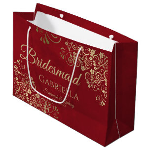 Crimson Red & Gold Lace Elegant Bridesmaid Large Gift Bag