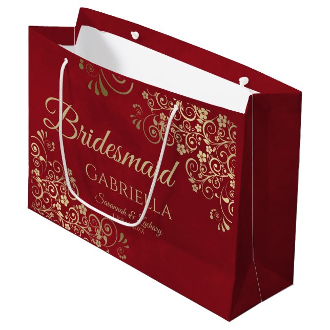 Crimson Red & Gold Lace Elegant Bridesmaid Large Gift Bag (Front Angled)