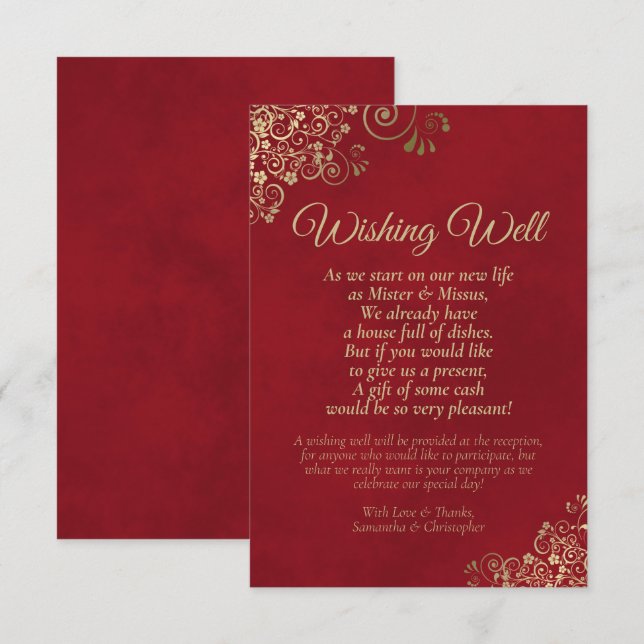 Crimson Red & Gold Lace Wedding Wishing Well Poem Enclosure Card (Front/Back)