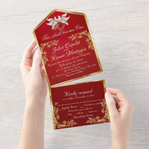 Crimson Red, Gold Leaves, Doves & Heart All In One Invitation