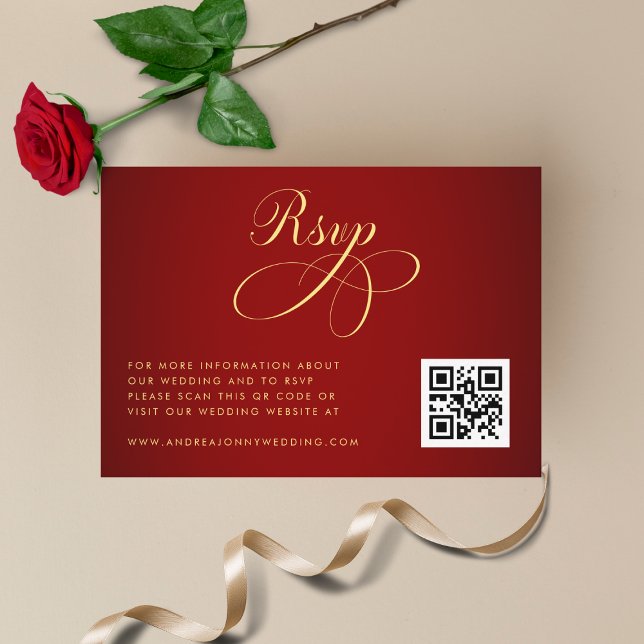 Crimson Red Gold QR Code RSVP Wedding Details Enclosure Card (Creator Uploaded)