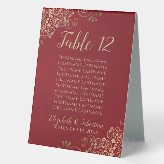 Crimson Red & Gold Wedding Table Number & Names (Front)