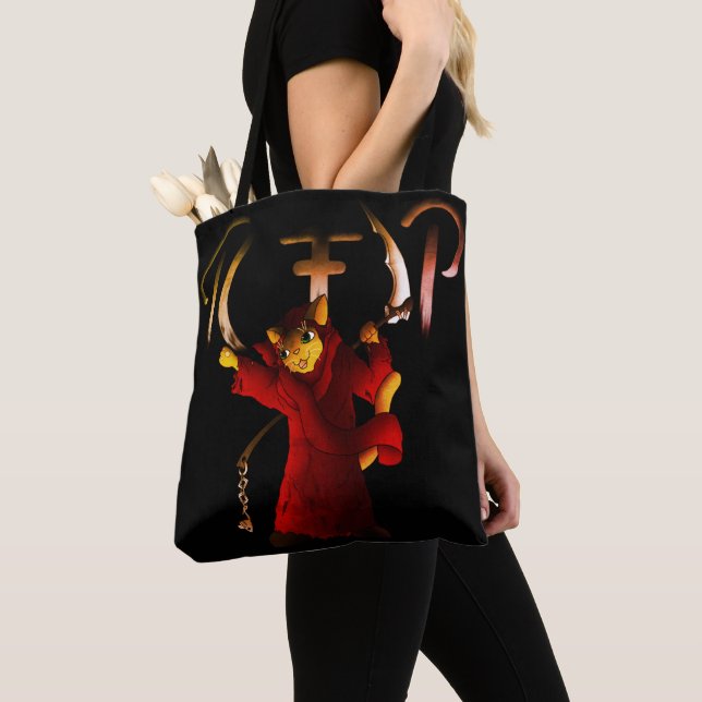Crimson Red Grim Reaper Cat Tote Bag (Close Up)