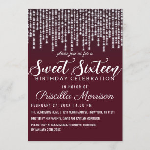 Crimson Red Hanging Diamond Lights Sweet 16 Invitation