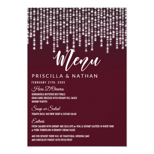 Image of Crimson Red Hanging Diamond Lights Wedding Menu Invitation