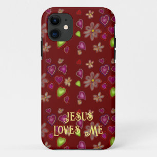 Crimson Red Hearts and Flowers "Jesus Loves Me" iPhone 11 Case