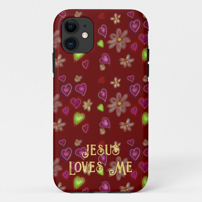 Crimson Red Hearts and Flowers "Jesus Loves Me" Case-Mate iPhone Case (Back)