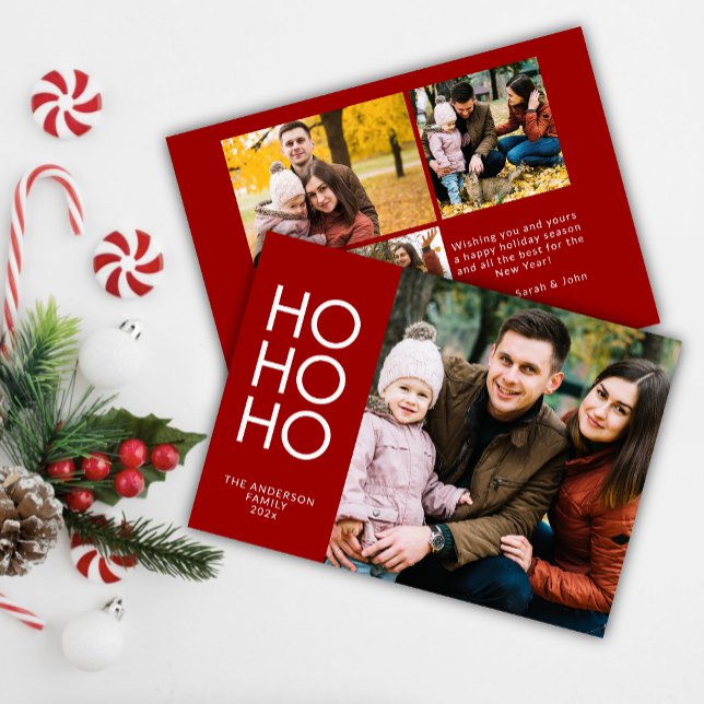 Crimson Red "HO HO HO" Photo Collage Christmas Holiday Card (Creator Uploaded)