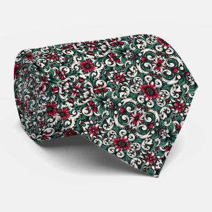 Crimson Red, Hunter Green, Black, & Ivory Floral  Tie