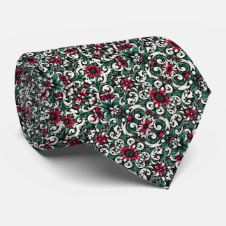 Crimson Red, Hunter Green, Black, & Ivory Floral Tie
