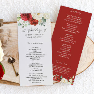 Crimson Red Ivory White Rose Floral Wedding Programme