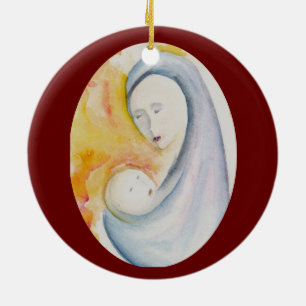 Crimson Red Madonna and Child Joy to the World Ceramic Tree Decoration