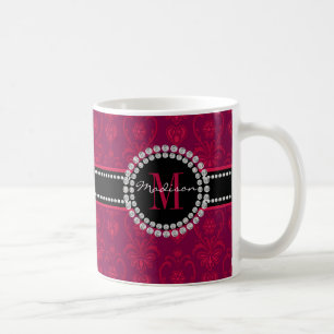 Crimson Red, Magenta Damask, Name and Monogram Coffee Mug