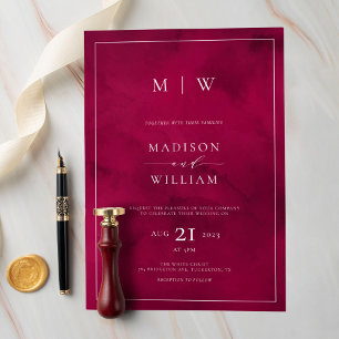 Crimson Red Monogram & Border Elegant Wedding Invitation