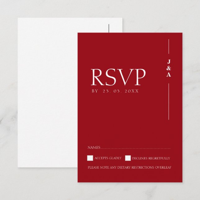 Crimson Red Monogram Minimalist Wedding RSVP Card (Front/Back)