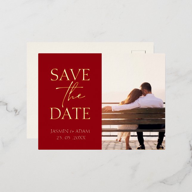 Crimson Red Photo Wedding Save the Date Gold Foil Holiday Postcard (Front/Back)