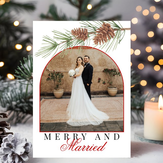 Crimson Red Pine Merry & Married Photo Christmas Holiday Card (Creator Uploaded)