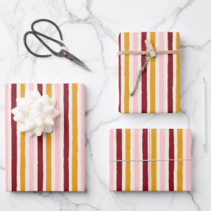 Crimson Red Pink and Yellow Stripes Wrapping Paper Sheet