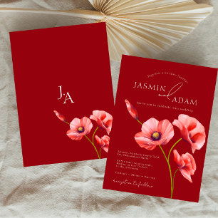 Crimson Red Poppies Monogram Wedding Invitation