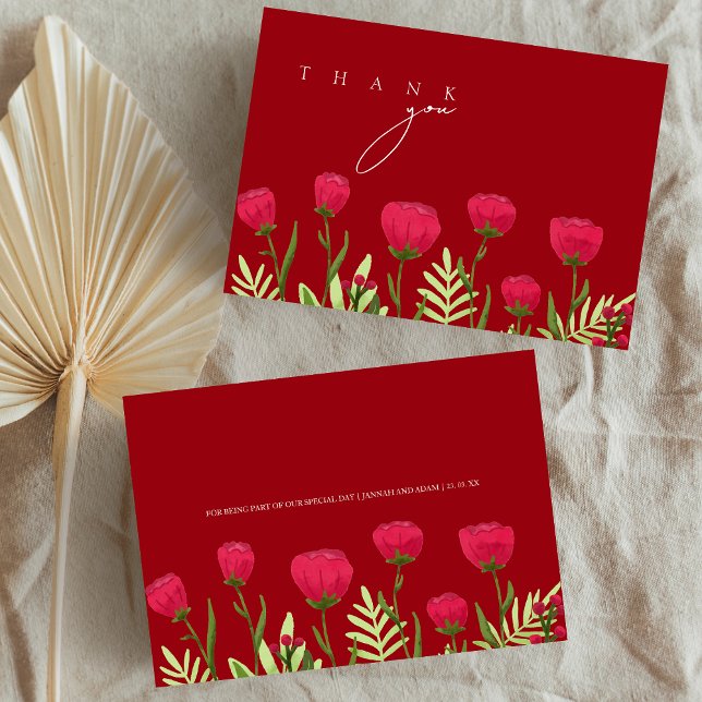 Crimson Red Poppies Wildflowers Wedding Thank You Card (Crimson Red Poppies Wildflowers Wedding Thank You Card)