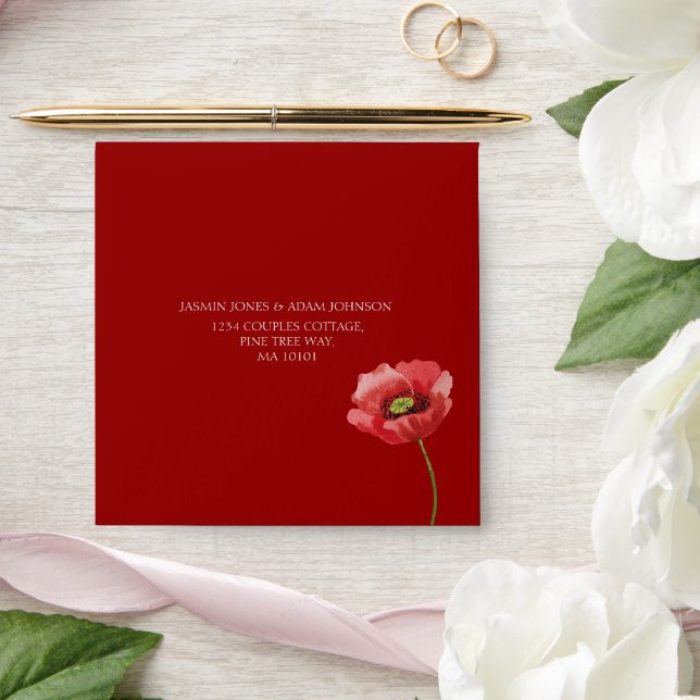 Crimson Red Poppy Floral Monogram Wedding Envelope (Wedding)