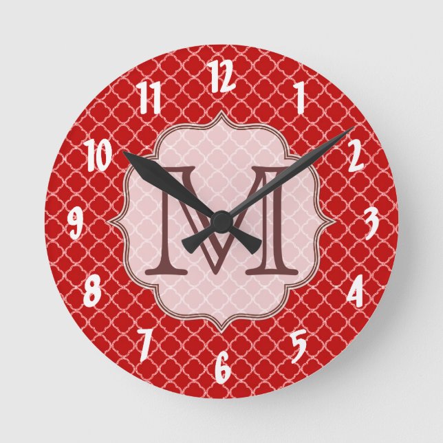 Crimson Red Quarterfoil Latti Monogram Wall Clock (Front)
