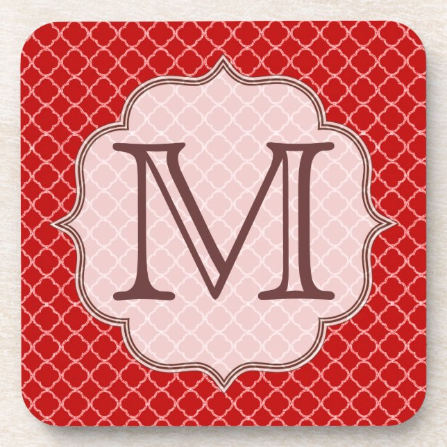 Crimson Red Quarterfoil Monogram Drink Coaster (Front)