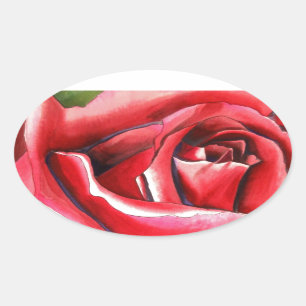 Crimson Red Rose original watercolor art Oval Sticker